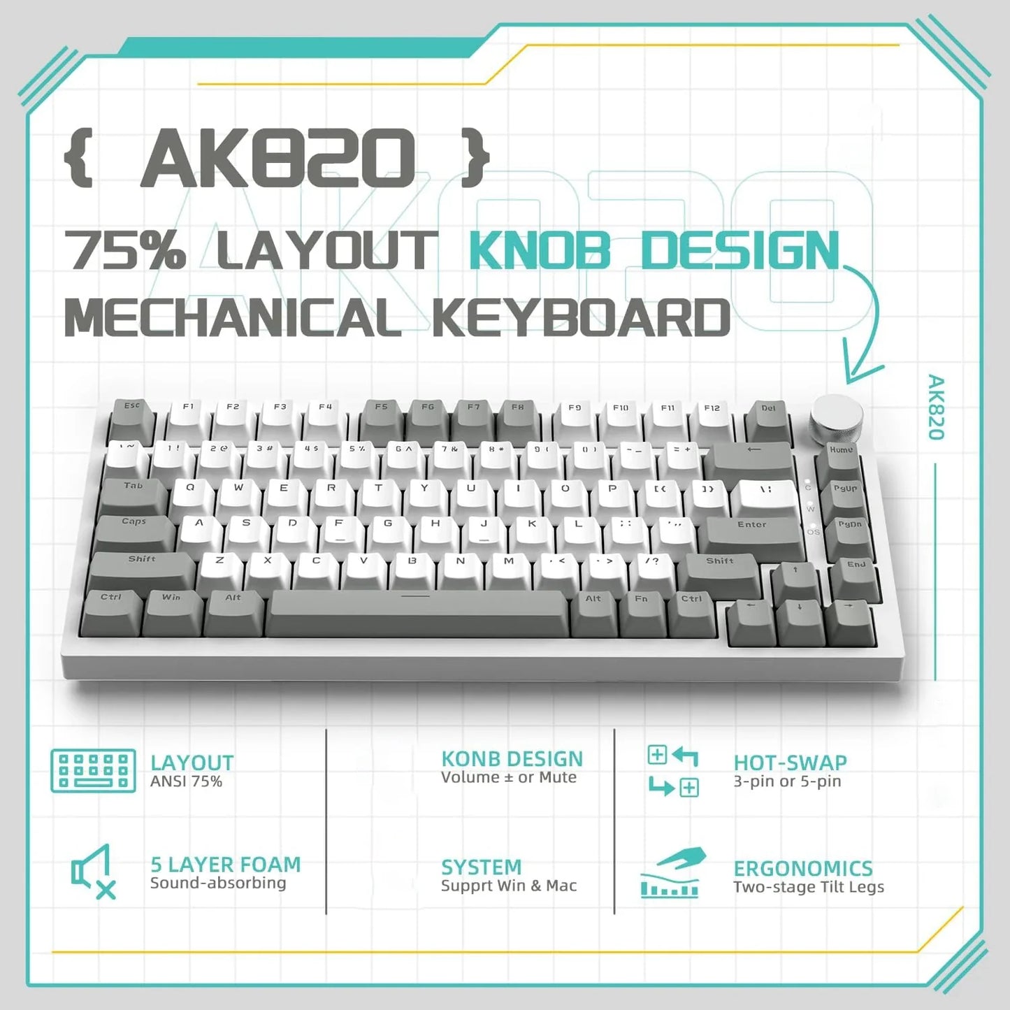 82-Key Hot-Swappable Mechanical Keyboard with Rotary Volume Knob, USB Wired & 2.4GHz Wireless, Monochrome Backlight