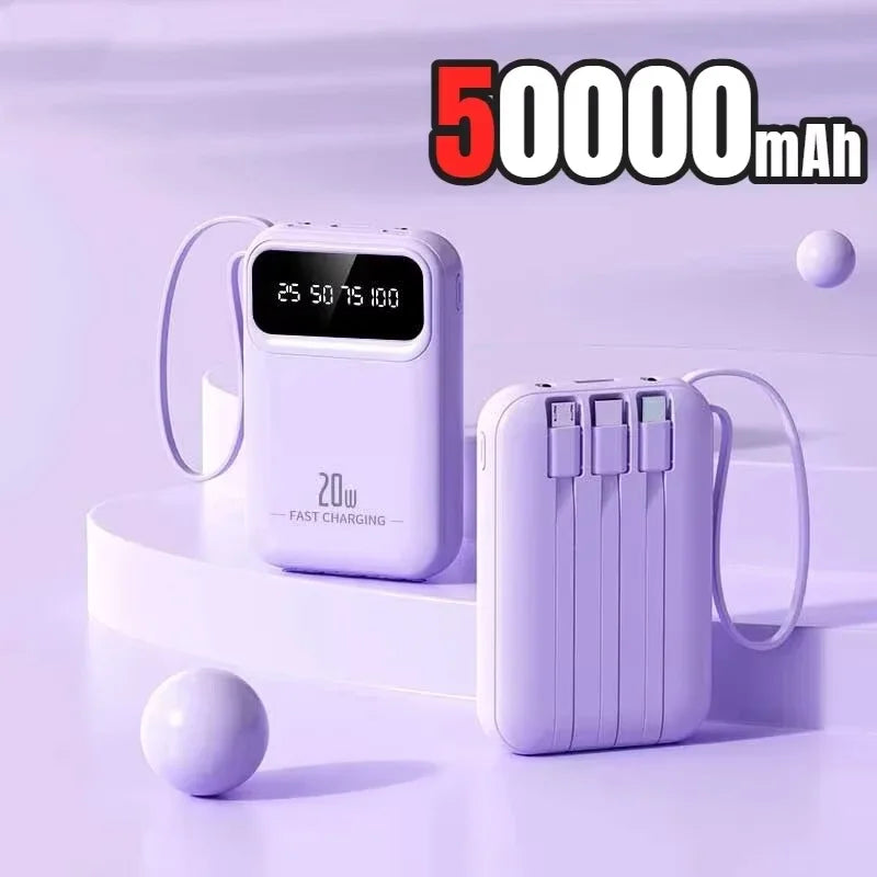500000mAh Portable Power Bank 20W Fast Charge, Built-In 4 Cables, LED Light & Digital Display
