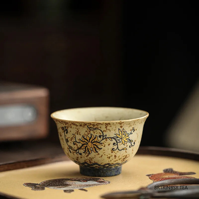 Handmade Floral Ceramic Tea Cup 45ml (1.5 fl oz) - Vintage Travel Teacup for Personal Tea & Meditation, 1-Pack