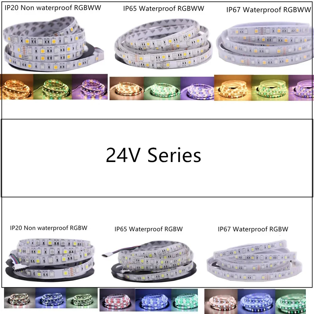 5M (16.4 ft) 300-LED 5050 SMD RGB / RGBW / RGBWW / RGBCCT Flexible LED Strip Light — 12V / 24V, IP20/IP65/IP67