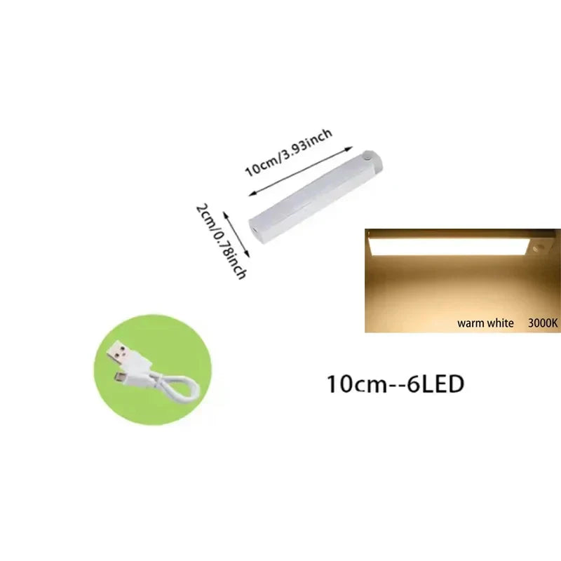 Under-Cabinet Rechargeable LED Motion Sensor Strip Light Magnetic Battery-Operated for Kitchen Cabinet Closet — 10/20/30/50cm (3.9/7.9/11.8/19.7 in)