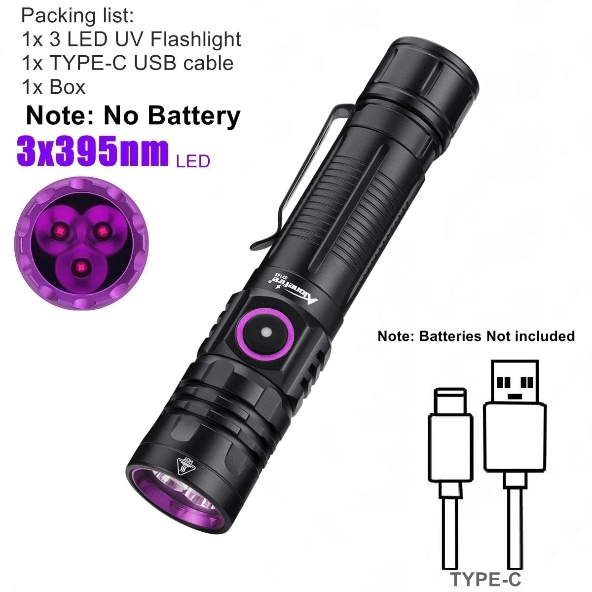 3-LED 365nm UV Blacklight Flashlight USB-C Rechargeable – Pet Stain & Scorpion Detector, UV Glue Curing Torch