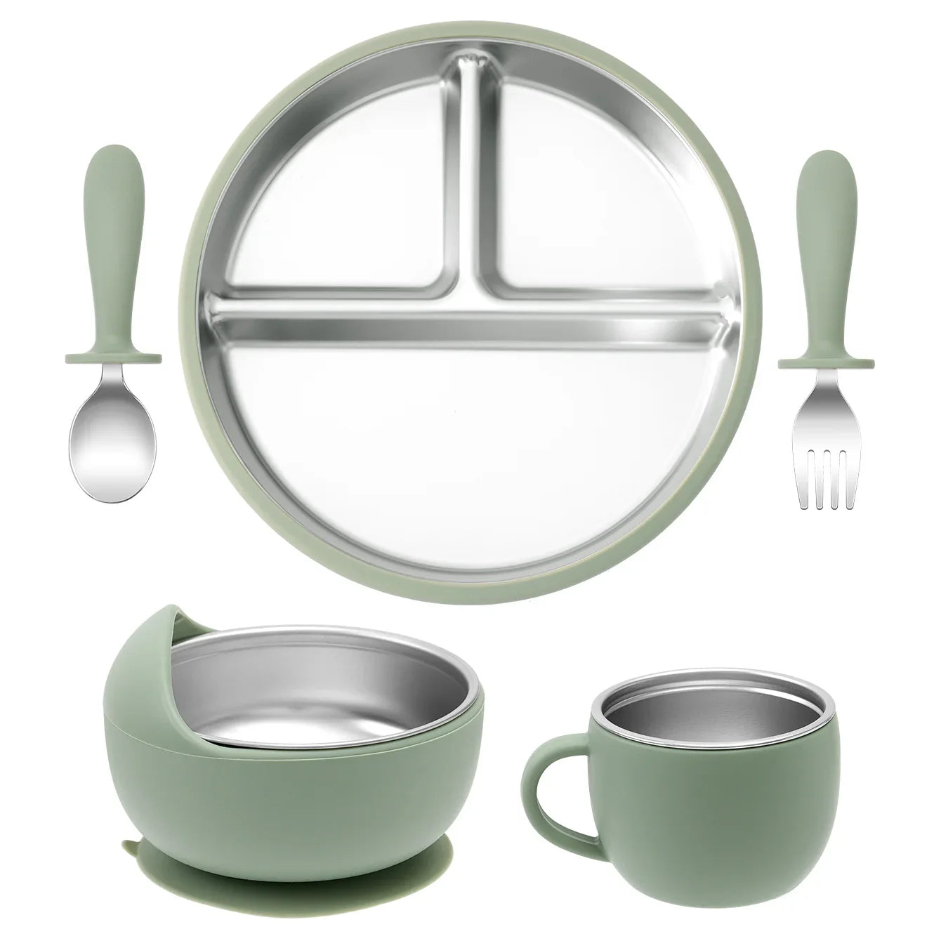 5-Piece Baby Feeding Set — Stainless Steel Plates & Utensils with Detachable Silicone Suction Bowl, BPA-Free Infant Fork Spoon Cup