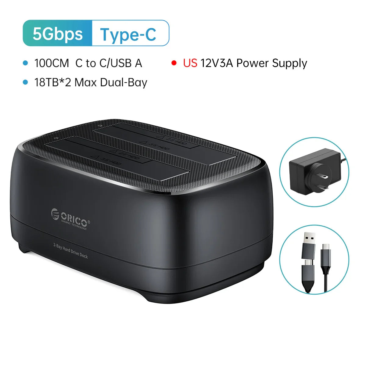 Dual-Bay HDD/SSD Docking Station USB 3.0 Type-C 5Gbps for 2.5"/3.5" Drives with 12V 3A Power Adapter (Supports up to 36TB)