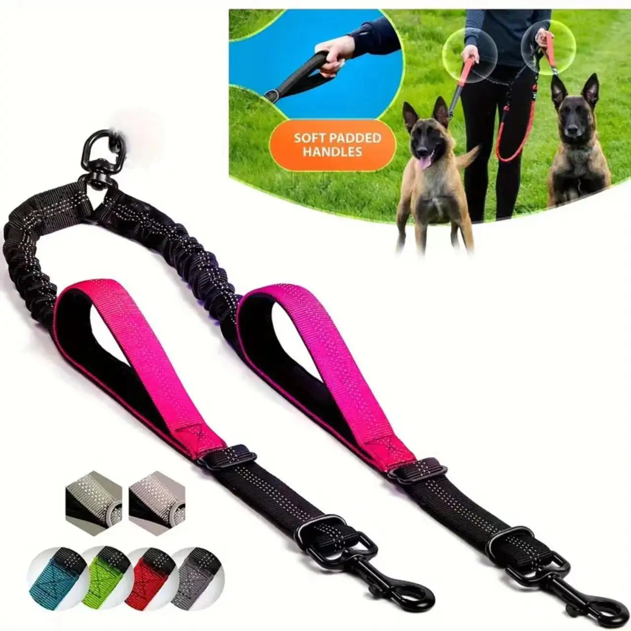 Dual Dog Leash Coupler – Padded No-Tangle Bungee Leash with 360° Swivel, Reflective & Shock-Absorbing