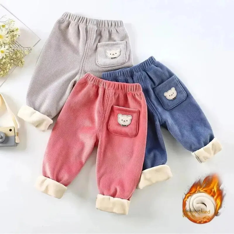 Kids Fleece-Lined Corduroy Harem Pants – Warm Autumn Winter Unisex Bear Print Casual Trousers