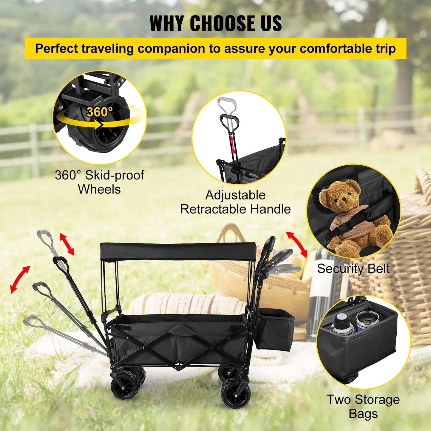 Folding Collapsible Wagon Cart with Adjustable Handle, Removable Canopy — 600D Oxford Utility Beach & Camping Cart