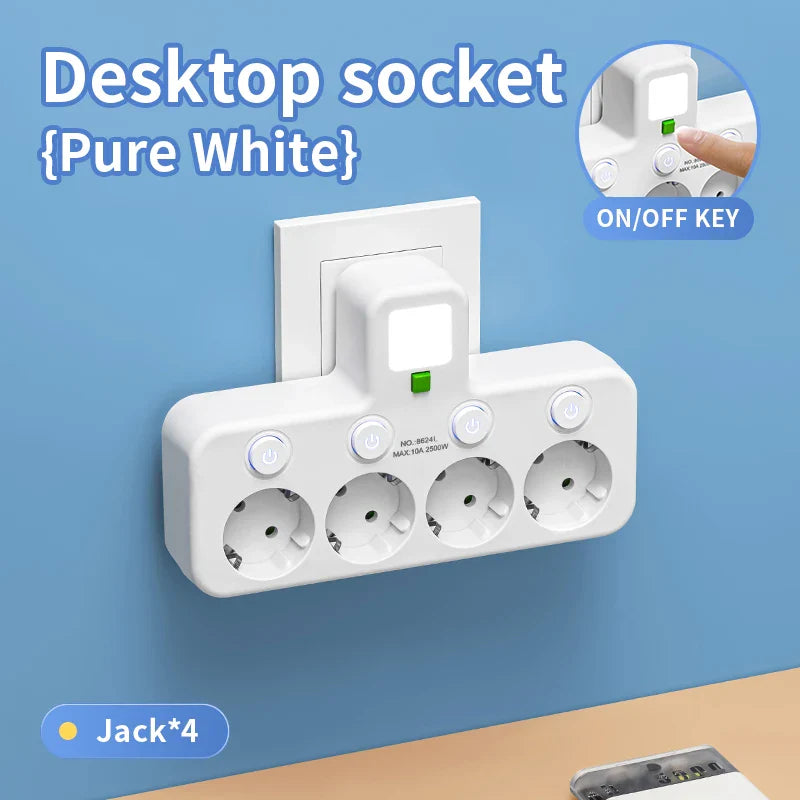 EU Plug Wall-Mounted Power Strip, 3 AC Outlets with Independent Switches, 2 USB-A + 1 USB-C Charging Ports (2500W)