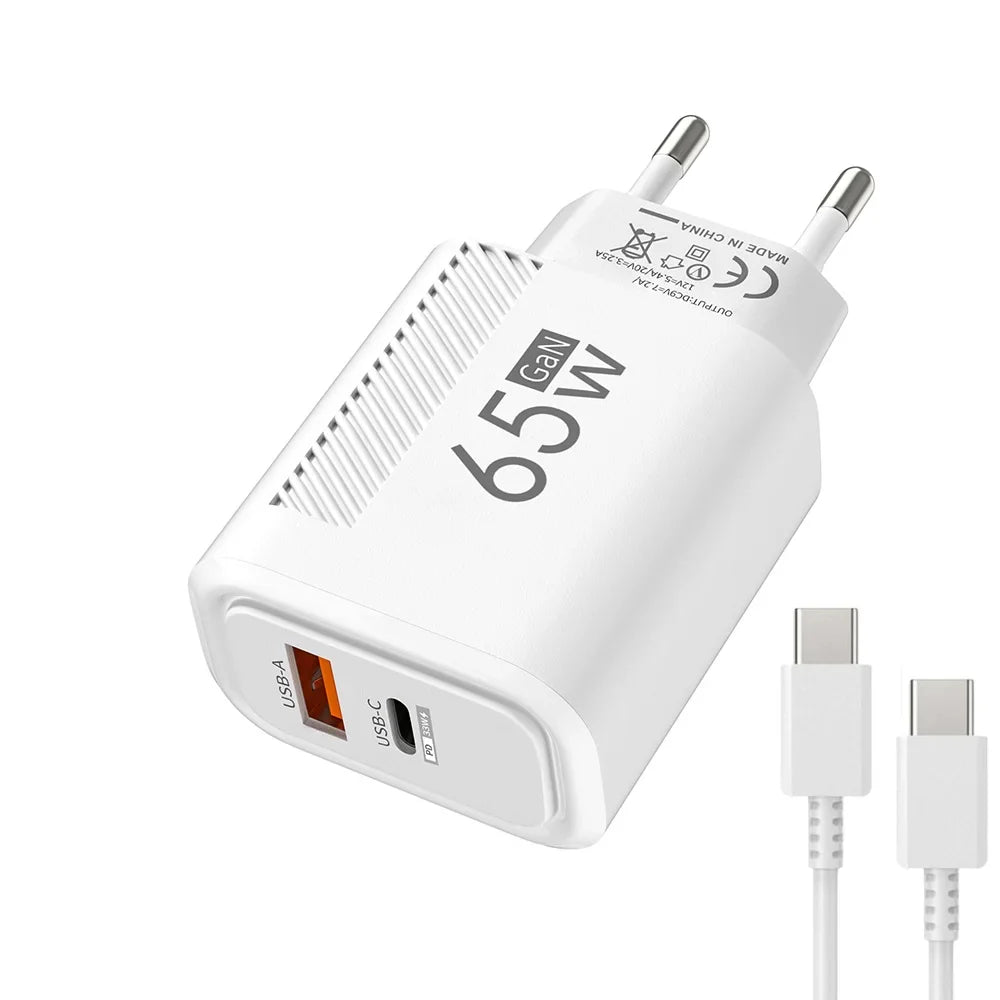 65W GaN 2-Port USB-C PD & QC3.0 Fast Charger - USB-A + USB-C Wall Adapter, EU/US Plug for Smartphones