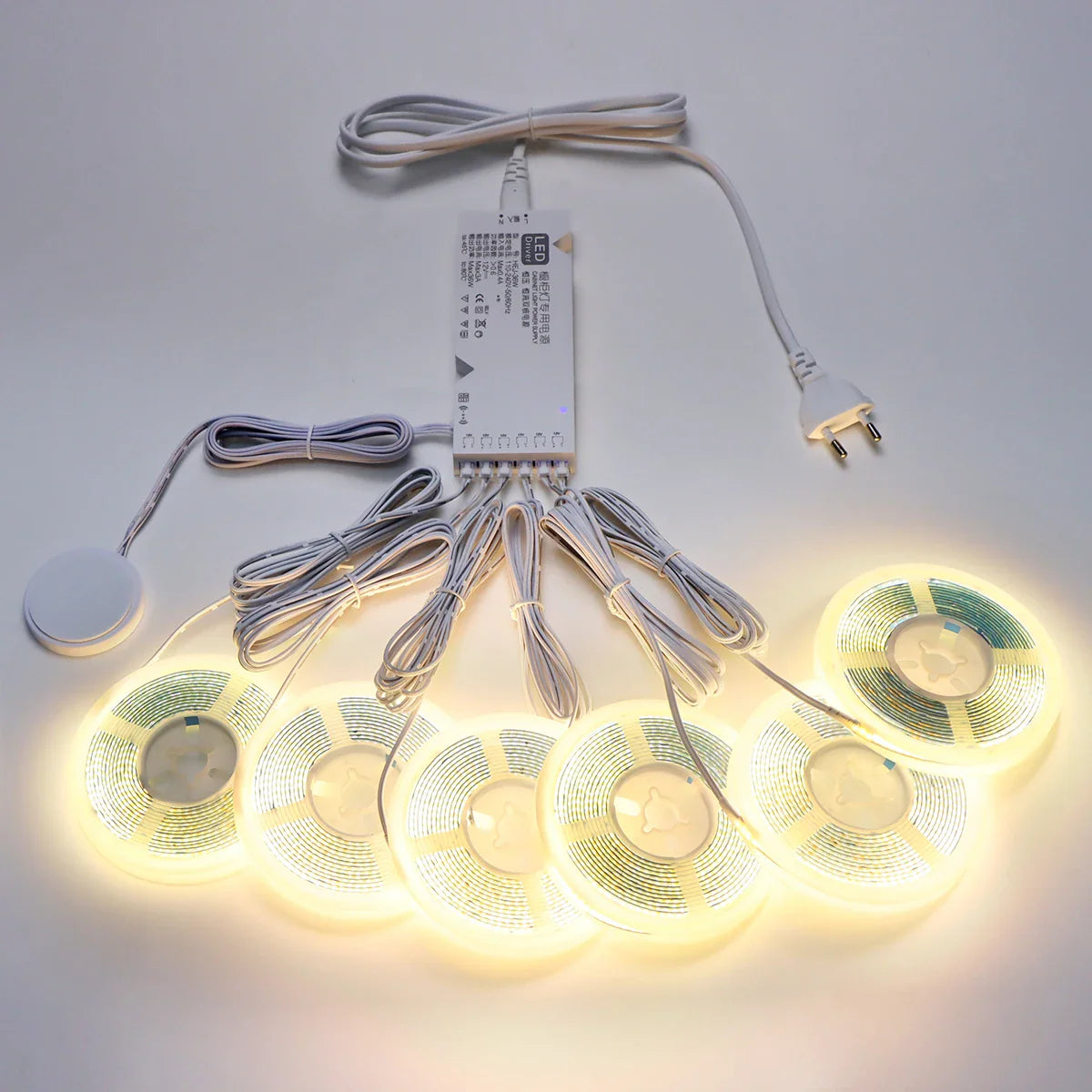 COB LED Strip Light with Penetrable Touch Dimmer – Waterproof 12V Cabinet & Closet Lighting, 1m/2m/3m/5m (39/79/118/197 in), 320 LEDs/m, Warm/Neutral/Cool