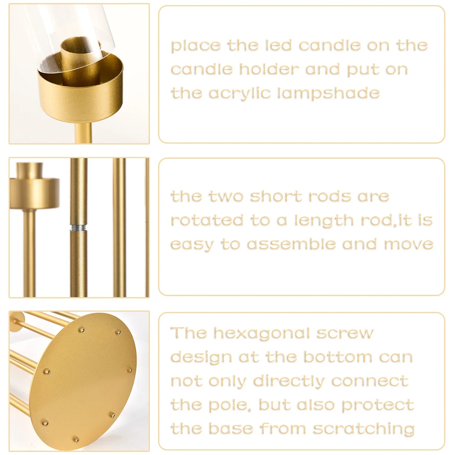 4-Pack 7-Arm Gold Floor Candelabra, 48 in (122 cm) Tall Metal Wedding Centerpiece with Removable Acrylic Shades