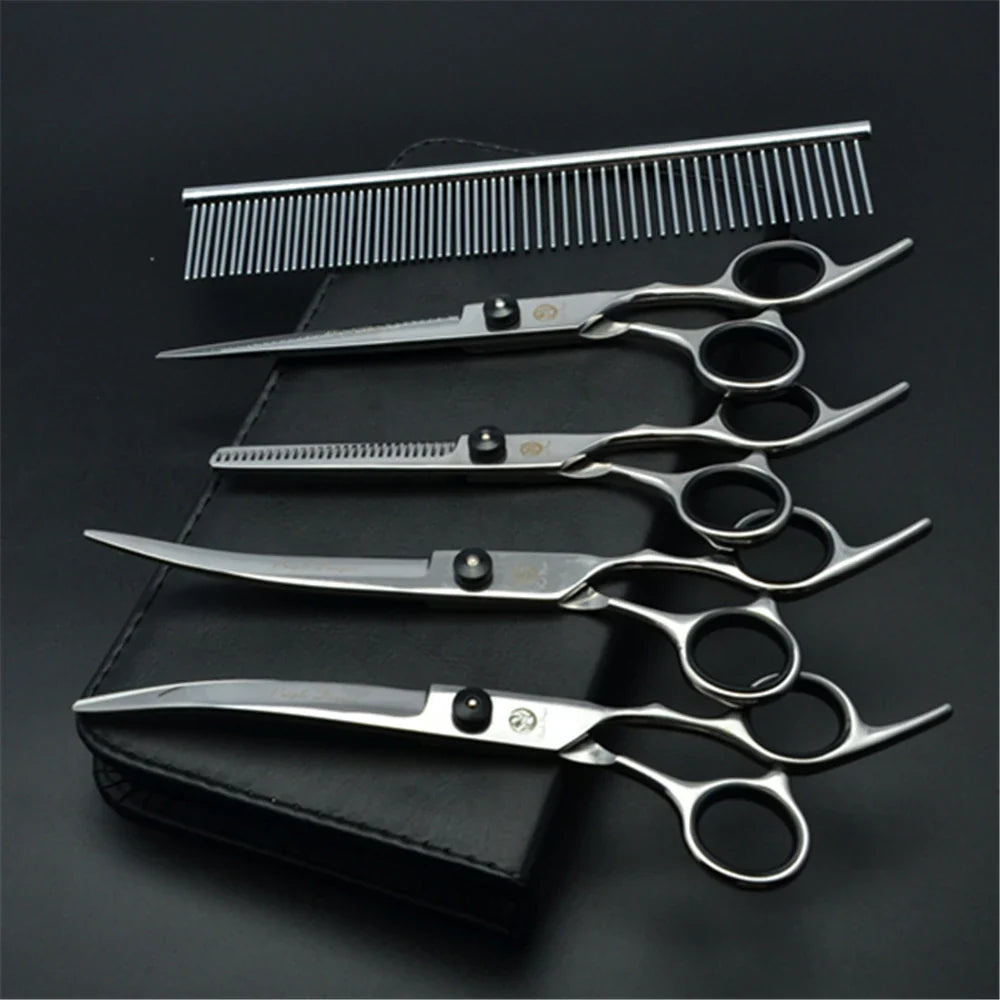 Dog Grooming Scissors Set 6" (15 cm) & 7" (17.5 cm) Stainless Steel Pet Shears — Thinning, Curved & Cutting