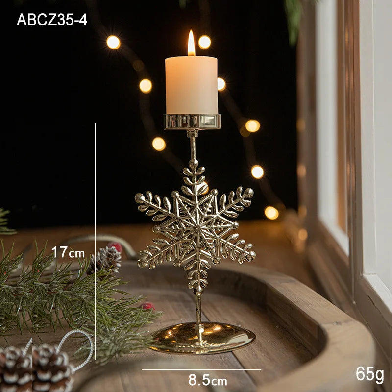 Golden Wrought Iron Christmas Candle Holder - Star, Elk & Tree Holiday Centerpiece for Table Decor