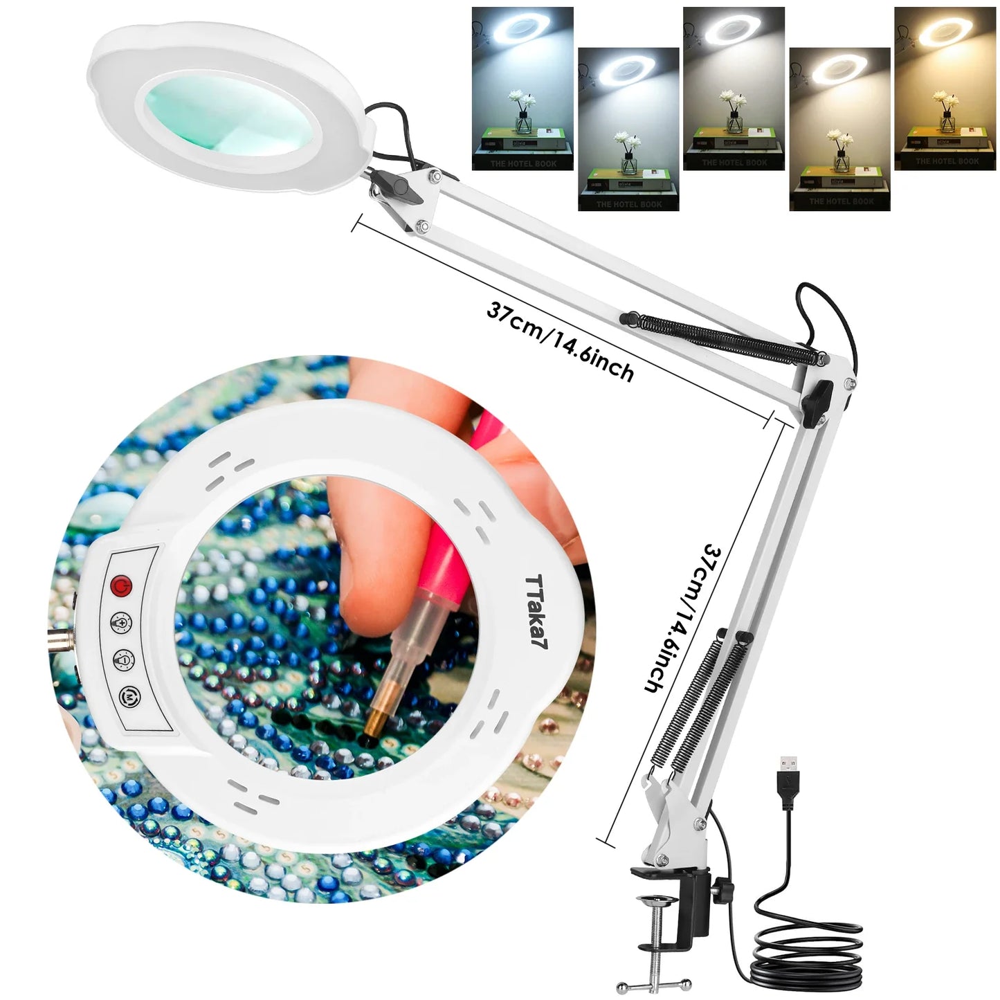 72-LED 4.2-Inch (106 mm) 8X/10X USB Illuminated Magnifying Lamp — 3-Color LED, Adjustable Swing Arm Clamp for Soldering, Repair & Beauty