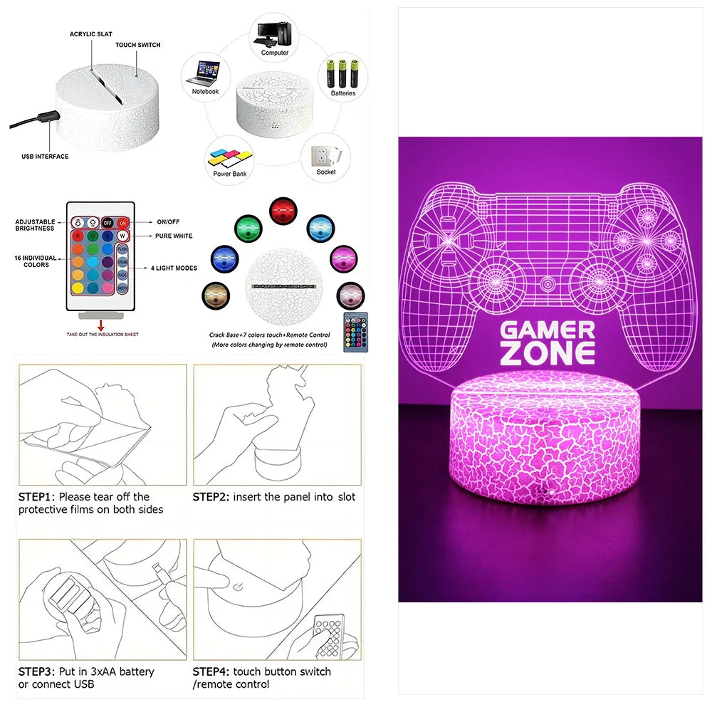 3D LED Neon Gamer Lamp - RGB Acrylic Night Light with Remote & Touch for Kids & Gaming Room