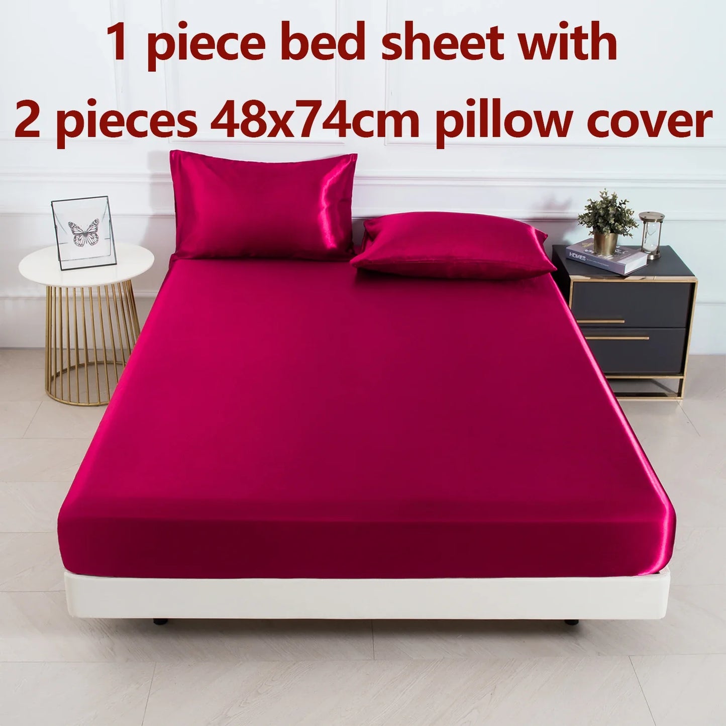 Satin Fitted Sheet Set 3-Piece (1 Fitted Sheet + 2 Pillowcases) Soft Breathable Solid Color Bedding