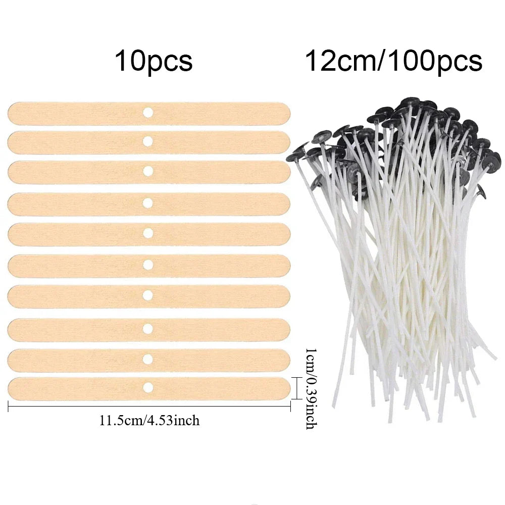 Pre-Waxed Cotton Candle Wicks 100-Pack (2.6–20 cm / 1.0–7.9 in) with Metal Bases, Adhesive Stickers & Holders — DIY Candle Making Kit