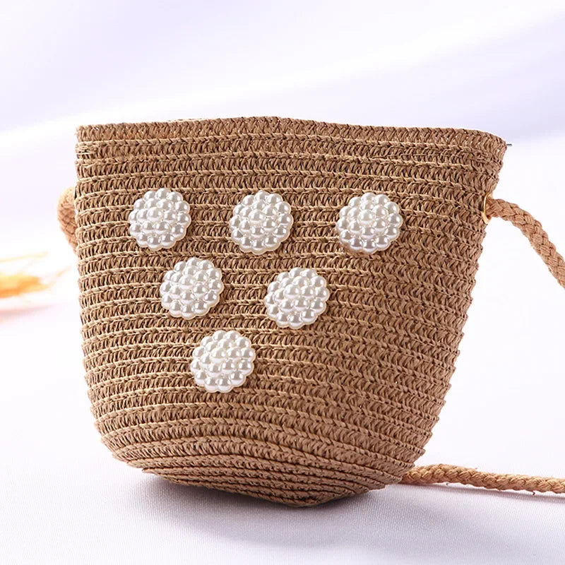 Girls Daisy Straw Mini Messenger Bag, Kids Shoulder Handbag with Coin Purse