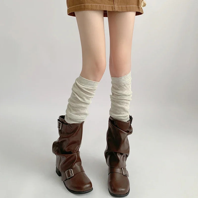 Women's Gray Knit Calf Leg Warmers - Cotton-Blend Ballet Pile Socks for Autumn