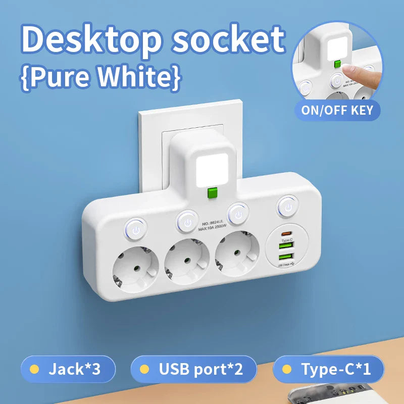 EU Plug Wall-Mounted Power Strip, 3 AC Outlets with Independent Switches, 2 USB-A + 1 USB-C Charging Ports (2500W)