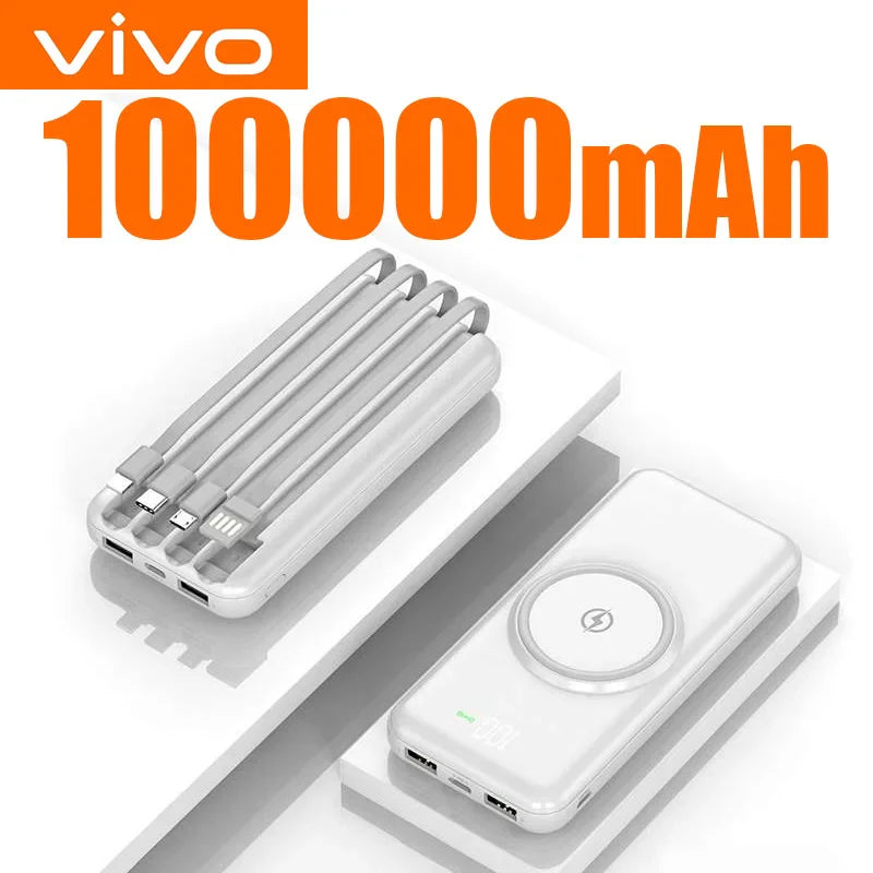 200000mAh Portable Power Bank Wireless Charger — 4 Built-In Cables, LED Digital Display, PD 20W & 120W Fast Charge