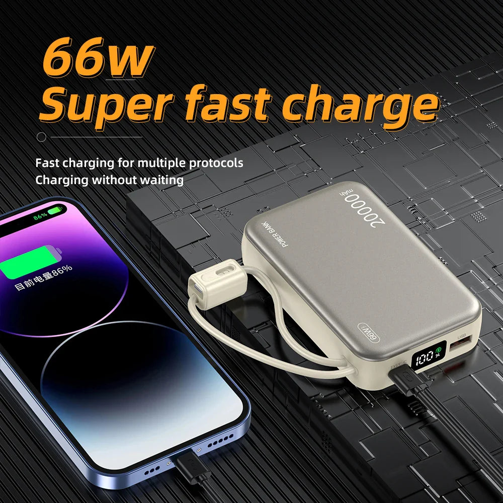 20000mAh 66W Fast Charge Power Bank with Built-In Cable & Digital Display, CCC Certified USB-C Portable Charger