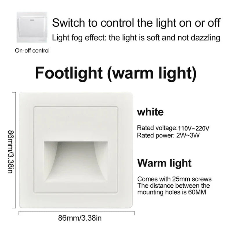 PIR Motion Sensor Recessed LED Night Light 86mm (3.4 in) AC 110-240V for Staircase Bedroom Hallway