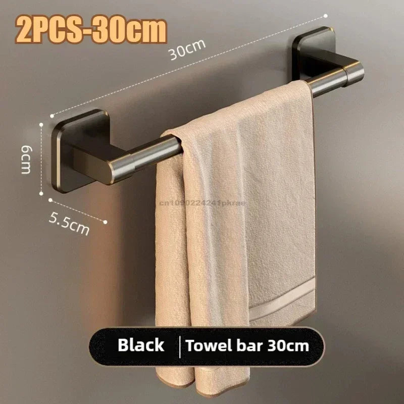 Self-Adhesive No-Drill Bathroom Wall Towel Rack 20-24 in (50-60 cm) Aluminum Single Bar with Hooks