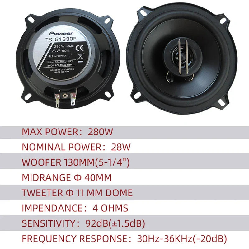 5.25" (130mm) Car Coaxial Speaker Pair 560W (2x280W) Full-Range High-Fidelity 4Ω 12V - Easy Install