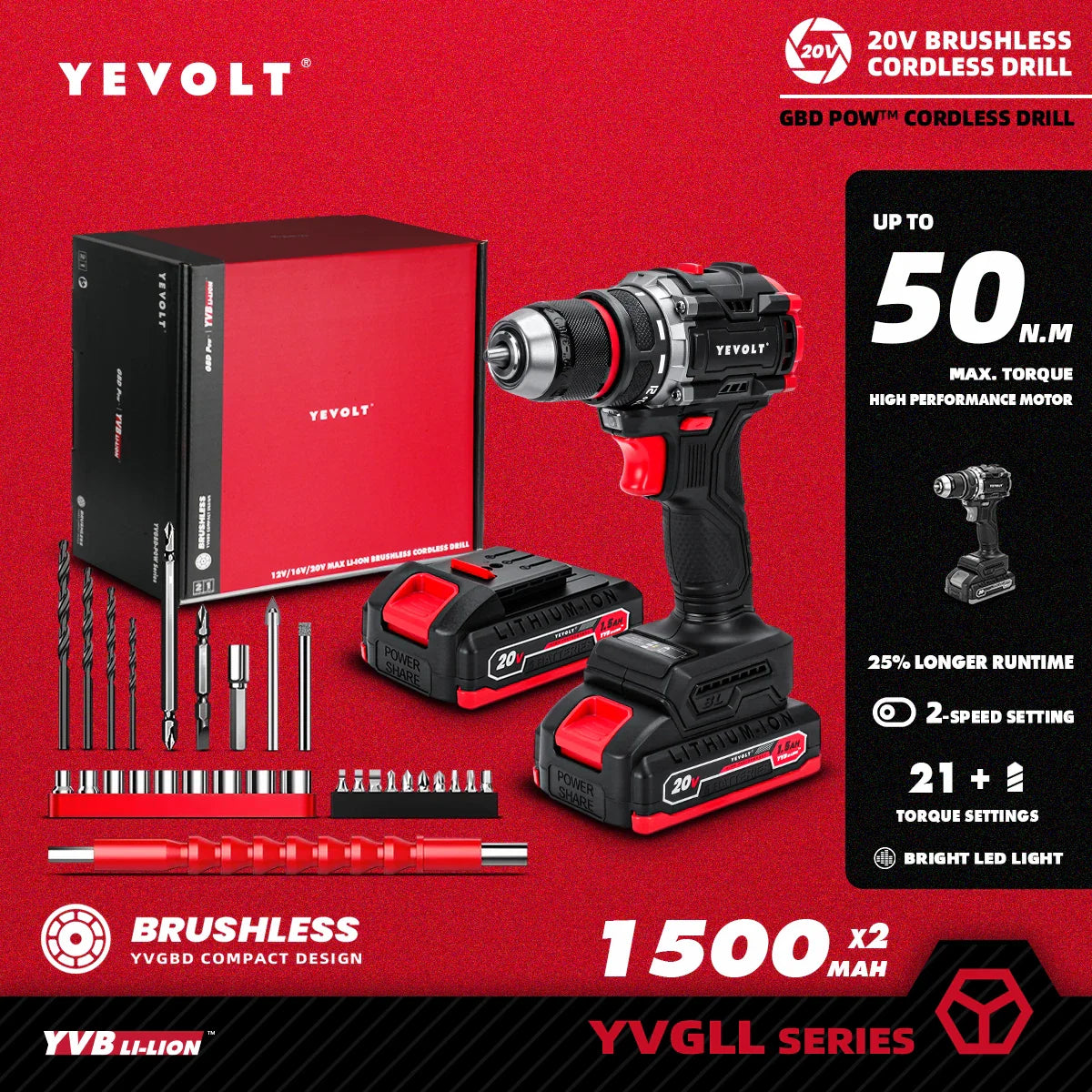 20V Brushless Cordless Drill Driver, Compact 21+1 Torque Keyless 3/8\" (0.8–10mm) Handheld Screwdriver with LED