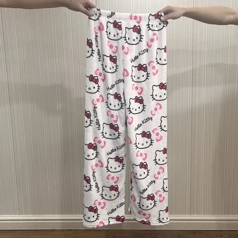 Hello Kitty Flannel Pajama Pants – Kawaii Cartoon Velvet Lounge Pants for Girls & Women, Fall Winter Home