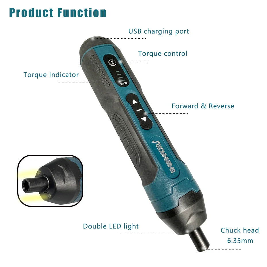 Mini Cordless Electric Screwdriver 3.6V Rechargeable 1300mAh USB-C, Precision Screwdriver with LED & Torque Control, 1/4" (6.35mm) Chuck