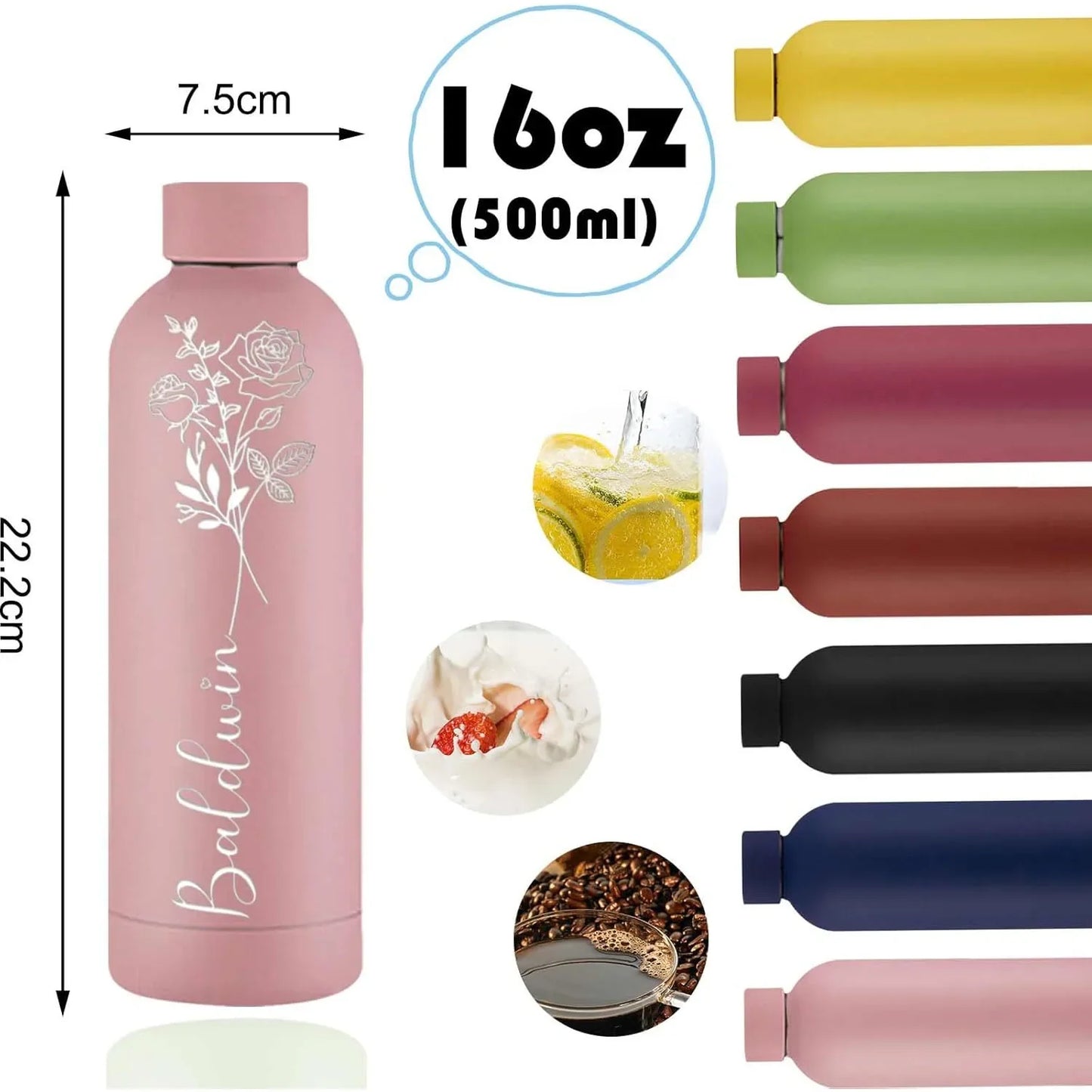 Personalized Stainless Steel Vacuum Water Bottle 17oz (500ml), Custom Name Laser Engraved Sports Tumbler