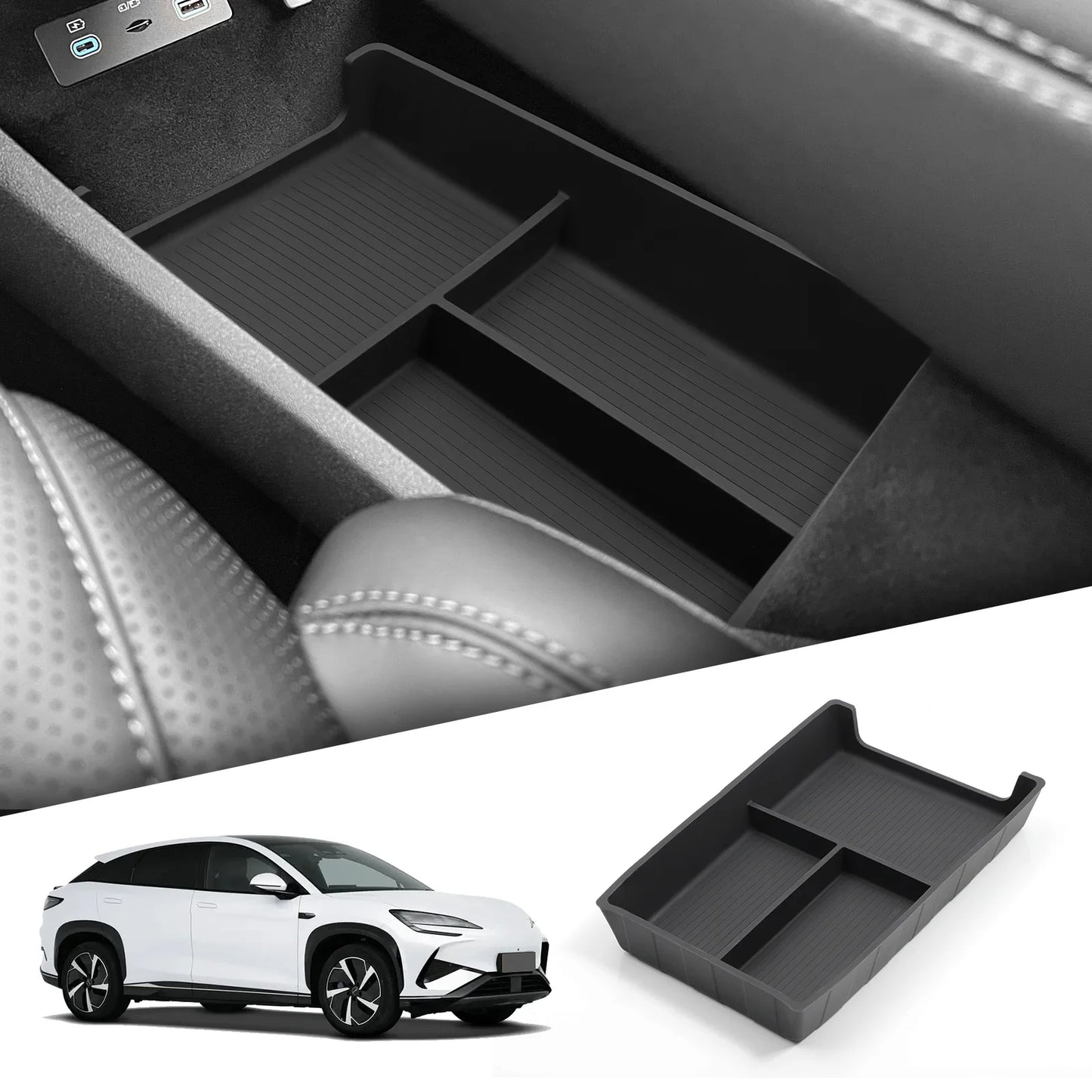 Center Console Storage Tray with Silicone Anti-Slip Pad, Armrest Cup Organizer, Black