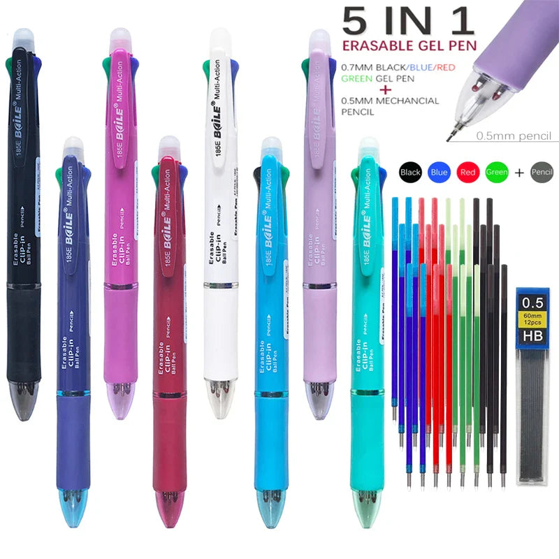 5-in-1 Erasable Multicolor Gel Pen — 4 x 0.7mm Refillable Ballpoint + 0.5mm Mechanical Pencil