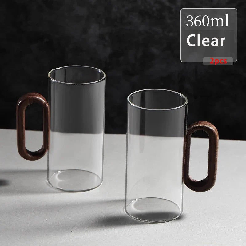 2/4/6-Pack Borosilicate Glass Mugs with Walnut Wooden Handle, 360 ml (12.2 fl oz) Heat-Resistant Teacup Set for Coffee, Milk & Juice
