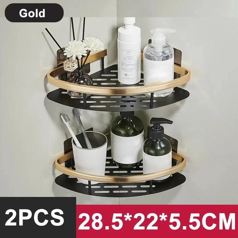 No-Drill Aluminum Alloy Bathroom Shower Shelf Wall-Mounted Shampoo Rack and Kitchen Organizer