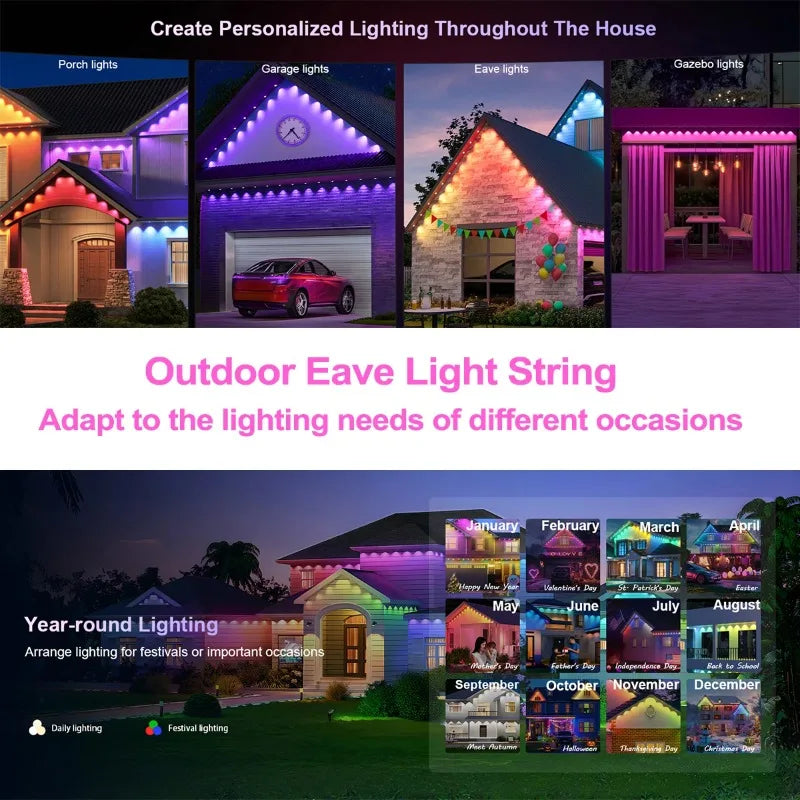 Smart RGBIC Eave String Lights – 15/30/60m (49/98/197ft) IP67 Outdoor LED Strip with App, 24-Key Remote & Voice Control | RGB Holiday & Patio DIY Lighting