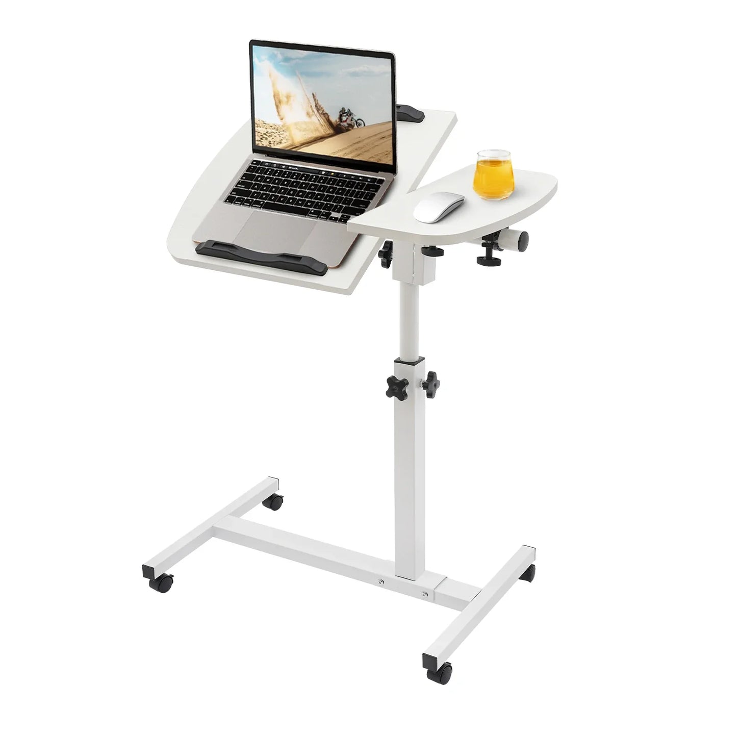 Adjustable White Mobile Laptop Table Stand with Lockable Wheels, Height & 360° Tilt C-Table for Bed Sofa Home Office