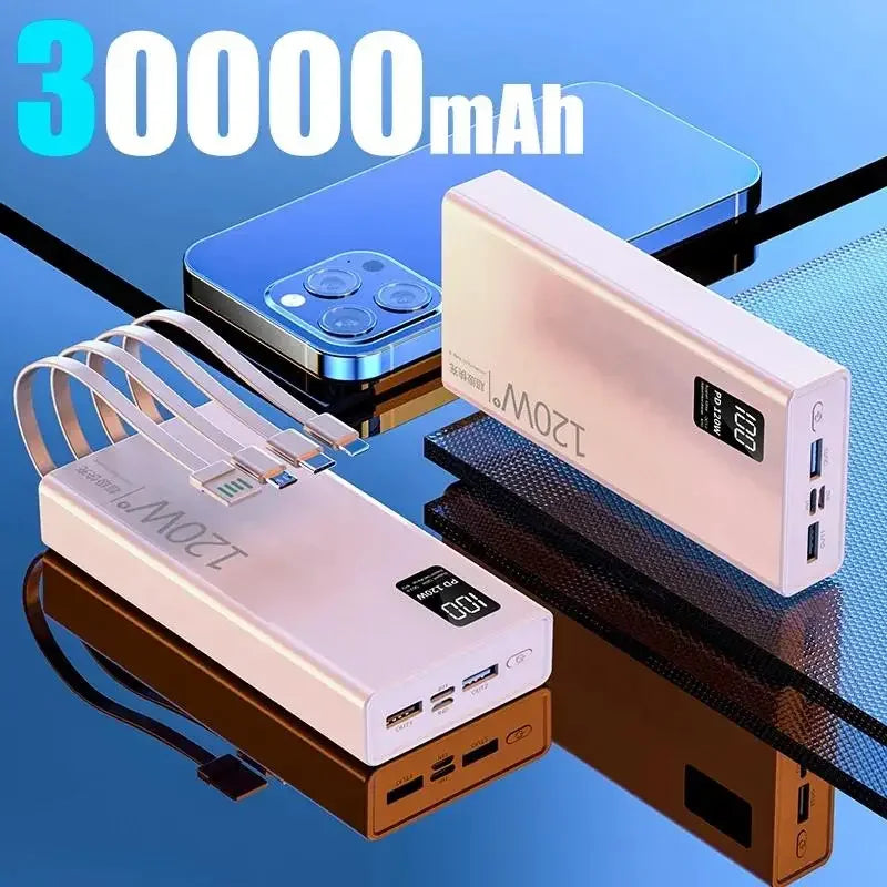 120W 50,000mAh Power Bank with Built-In 4-in-1 Cables — Fast Portable Charger with LED Display