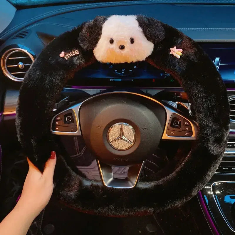 Kawaii Cute Dog Cartoon Steering Wheel Cover 15 in (38 cm) Plush Anti-Slip Warm Car Interior Accessory