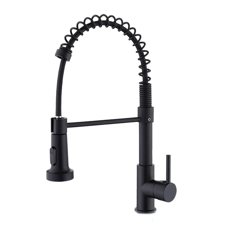 Pull-Down Spring Kitchen Faucet — Matte Black Brushed Stainless, 360° Swivel, Hot & Cold Mixer, Single-Handle Pull-Out