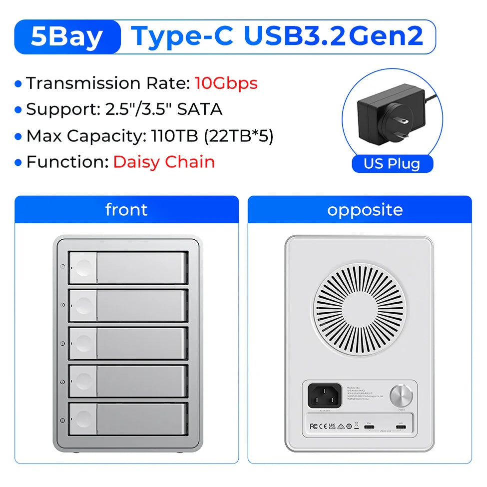 5-Bay 10Gbps SATA HDD & SSD Docking Station, 2.5"/3.5" USB 3.2 Gen2 Type-C Enclosure with Daisy Chain & 150W Power