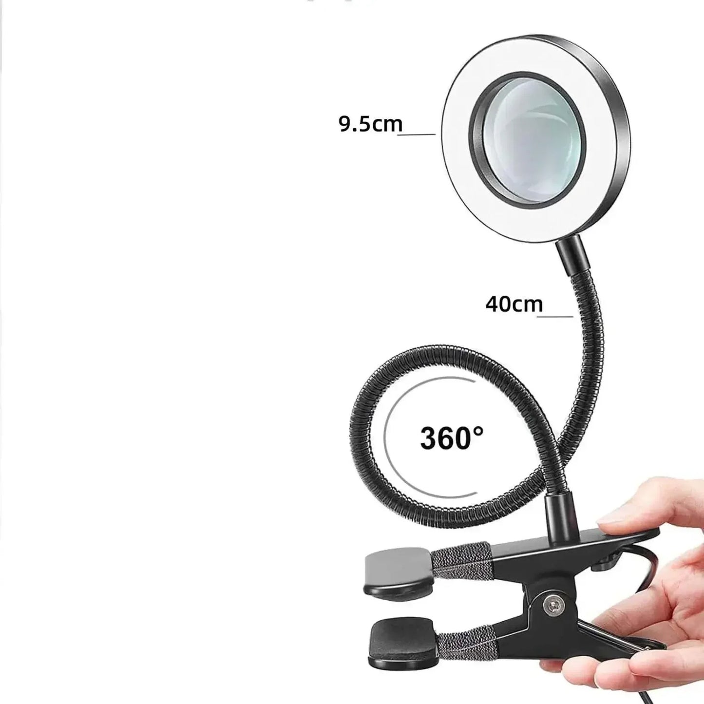 10X Clip-On Magnifying Lamp with LED Light for Manicure, Embroidery & Eyelash Extensions - Black White Silver