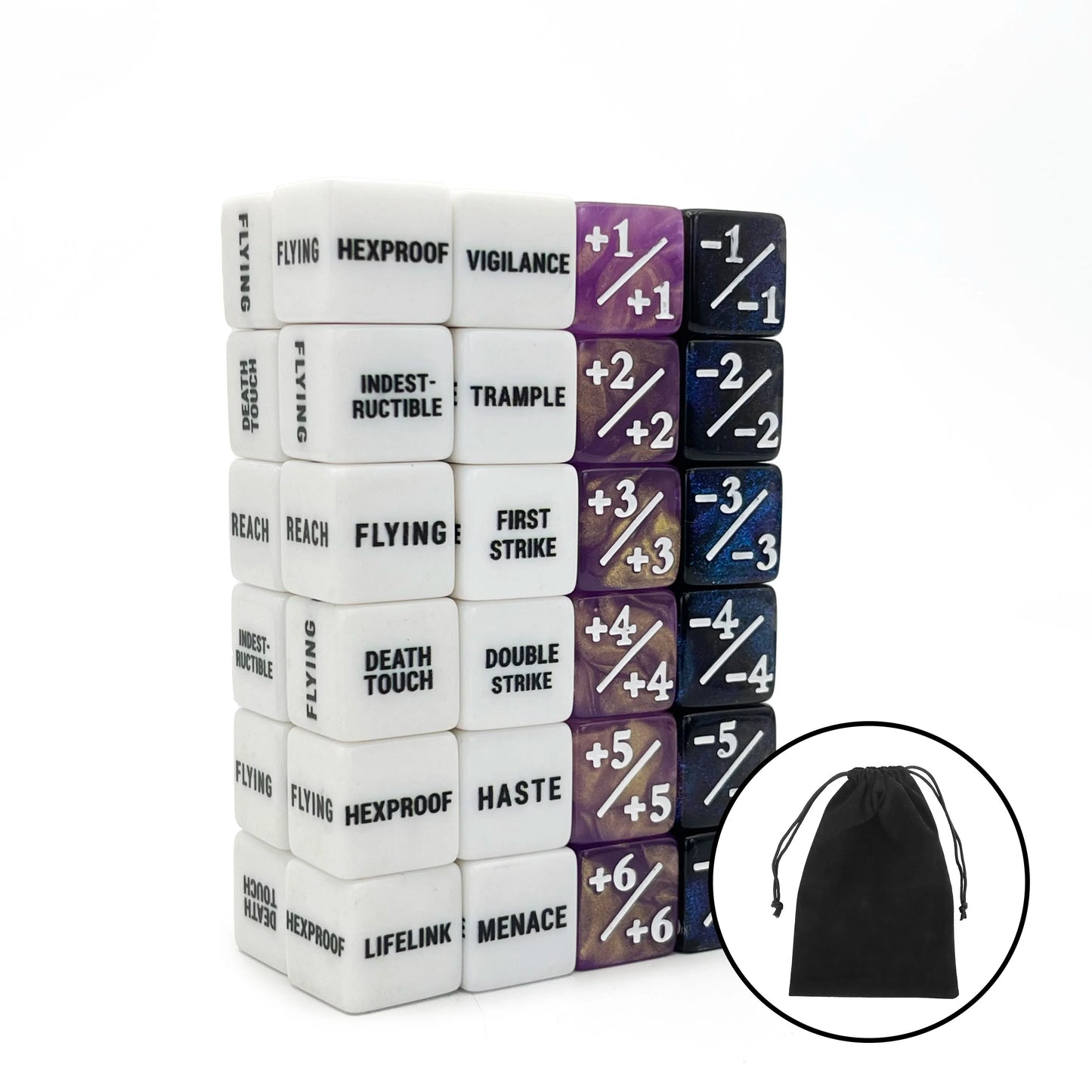 48-Pack Keyword Ability Counters & Buff Dice for TCG Card Games, 16mm (0.63in) Colorful D6 Creature Stat Tokens with Velvet Bag