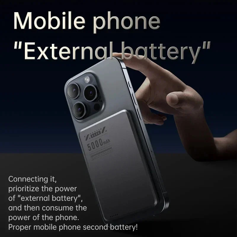 5000mAh Ultra-Slim Magnetic Wireless Power Bank Fast Charge Qi2 Clip-On Portable Battery with Built-In Cables and LED Display