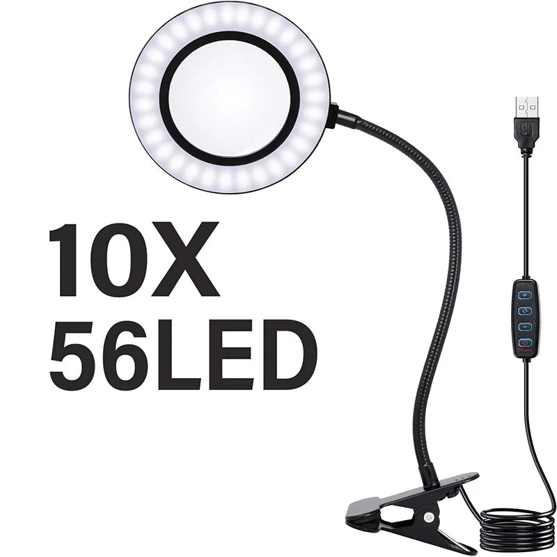 5X/10X LED Magnifying Glass with Light — 3 Color Modes, 10 Brightness Levels, 3.27-inch Glass Lens, Clip-On & Stand for Reading, Crafting, Manicure