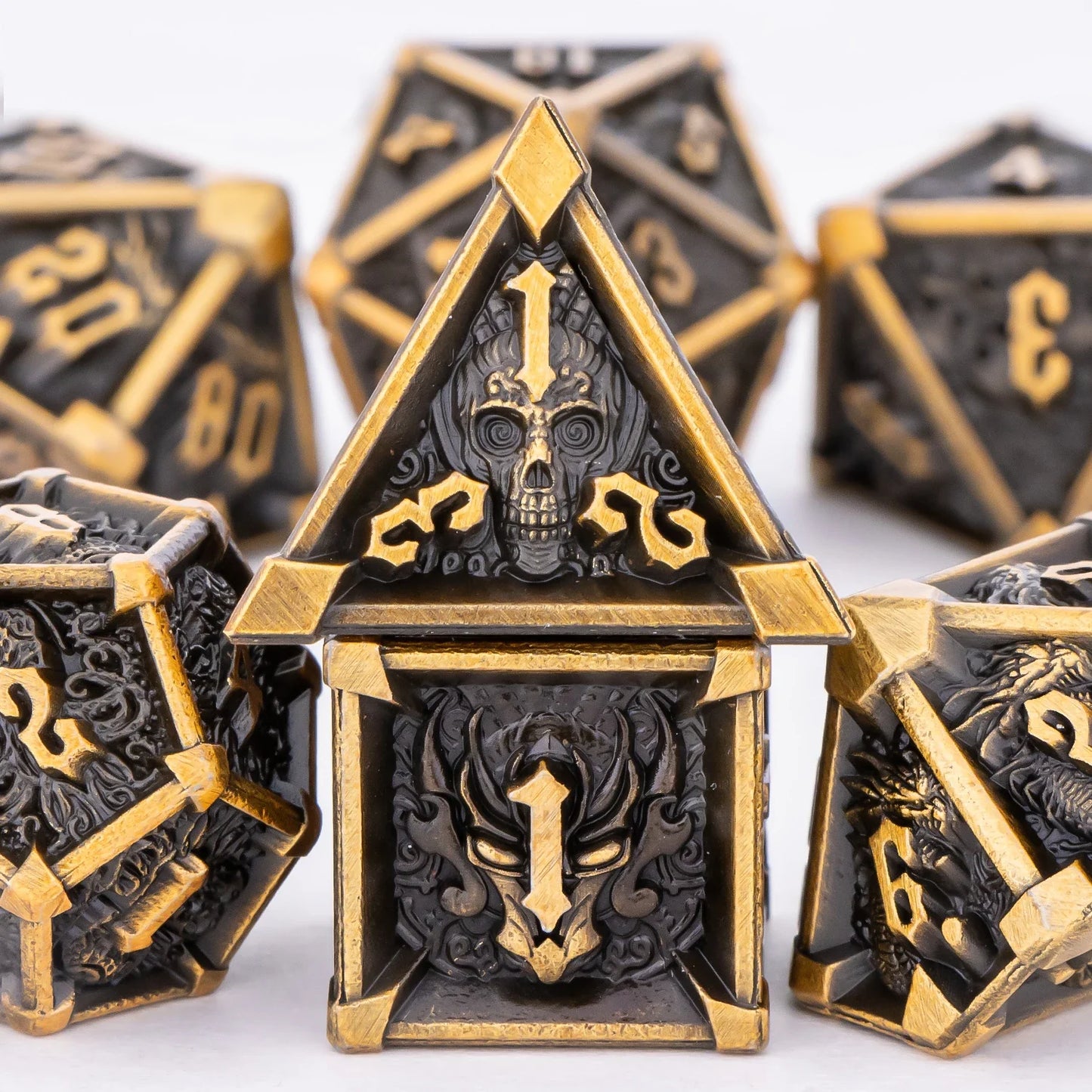 Skull and Dragon Metal Dice Set - 7-Piece Polyhedral DnD Dice for Dungeons & Dragons Tabletop RPG