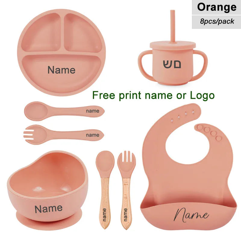 8-Piece Silicone Baby Feeding Set with Suction Plate, Bowl & Straw Cup — Personalized Kids Tableware, BPA-Free