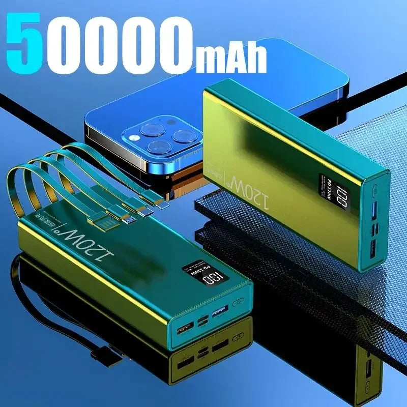 120W 50,000mAh Power Bank with Built-In 4-in-1 Cables — Fast Portable Charger with LED Display